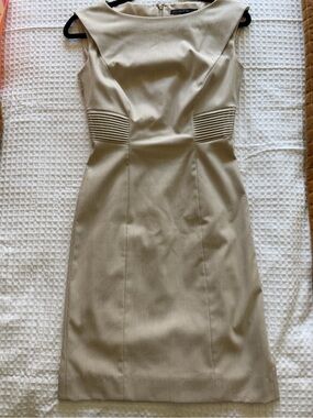 Beige Sleeveless Sheath Dress with Waist Paneling